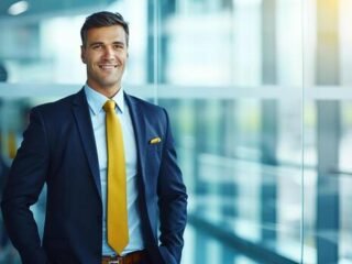 ai-generated-happy-businessman-in-modern-office-meeting-with-copy-space-on-blurred-glass-walls-background-photo