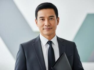 confident-asian-businessman-portrait-in-dark-suit-and-tie-holding-folder-in-modern-office-photo