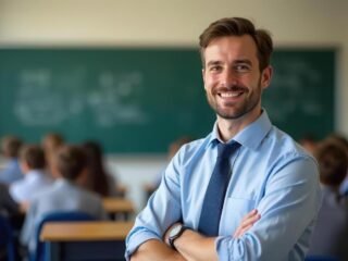 confident-male-teacher-smiling-in-classroom-with-students-focused-on-learning-teacher-s-day-international-workers-day-photo