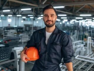 skilled-worker-in-factory-holding-hard-hat-photo