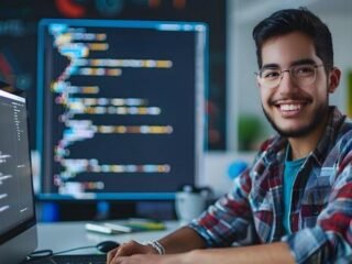 smiling-young-software-engineer-working-on-colorful-computer-code-background-free-photo