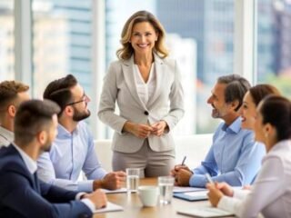ai-generated-smiling-businesswoman-leading-corporate-meeting-photo
