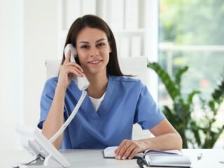 Speaking-with-a-client-by-phone-at-a-hospital-desk-illustrating-the-10-responsibilities-of-a-medical-receptionist-e1753846316809