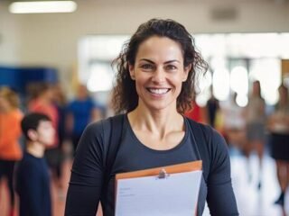 female-physical-education-teacher-holds-a-smiling-gym-folder-behind-her-for-students-to-exercise-free-photo