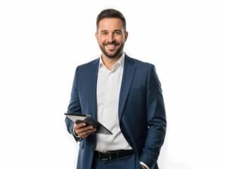 smiling-businessman-in-blue-suit-holding-tablet-computer-confident-professional-with-technology-photo